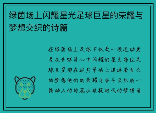 绿茵场上闪耀星光足球巨星的荣耀与梦想交织的诗篇